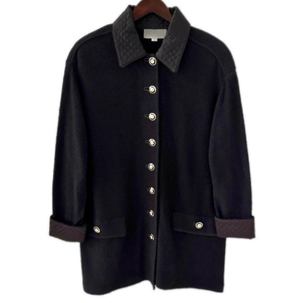 St. John Black Mid Length Boucle Knit Coat Size Small